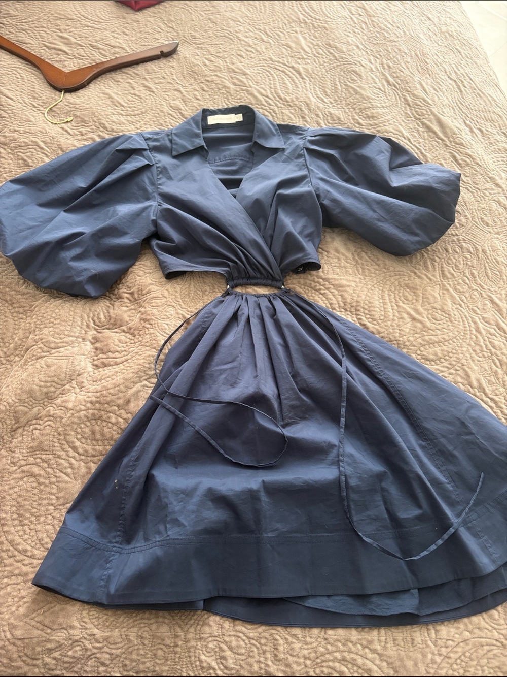 Jonathan Simkhai Navy Blue Puff-Sleeve Wrap Skirt Dress